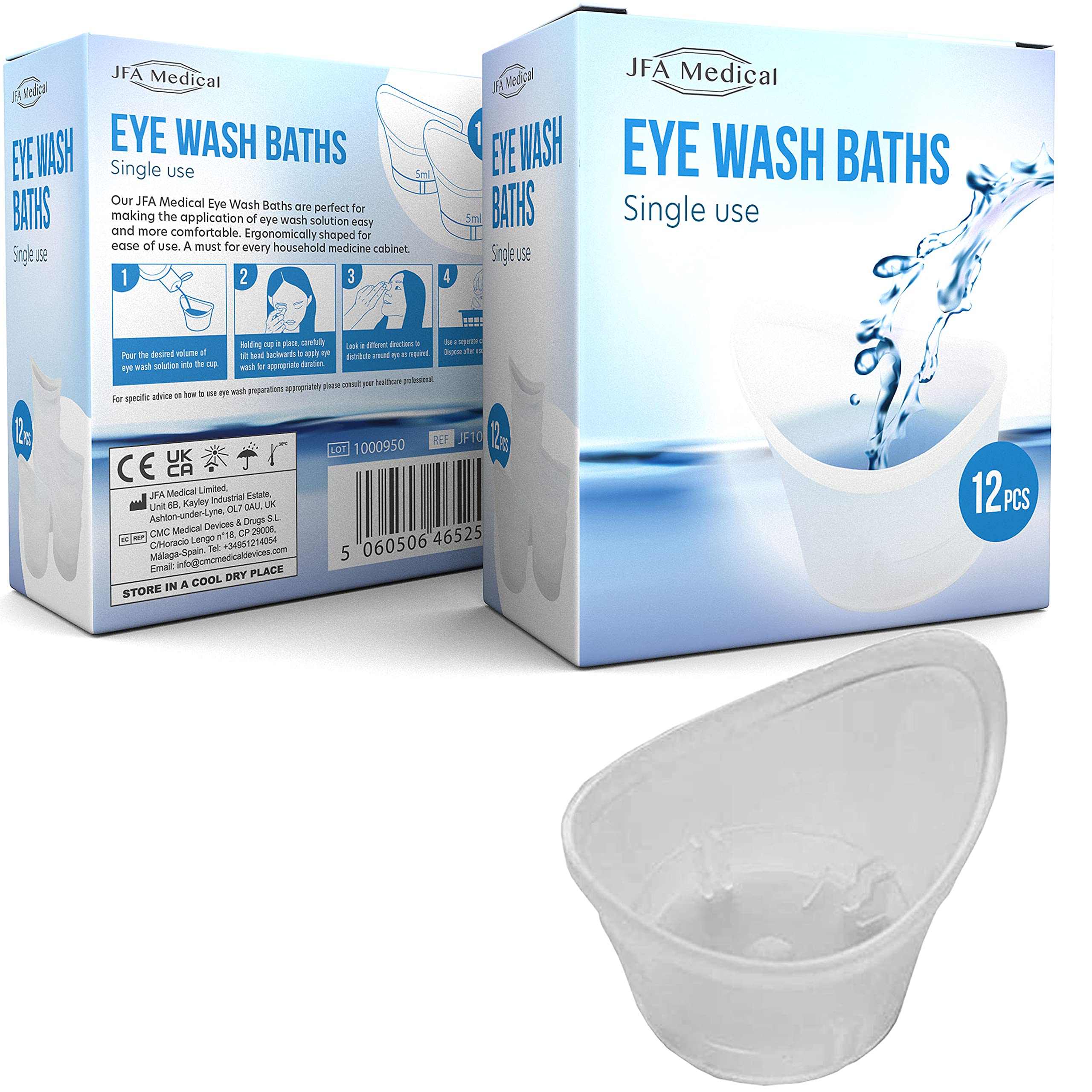 JFA Medical First Aid One Size Plastic Eyewash Pain Relieve Cleaning Eye Bath Cup - Pack of 12