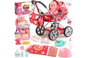HuceePlay Baby Doll Stroller Set for Toddler Girls 3-5, A 12.5" Babydoll with Baby Doll Accessories, Pillow, Blanket & 2 Sets Clothes, Doll Playset Toy Stroller for Kids, Gift 3 4 5 Year Old Girl Toys
