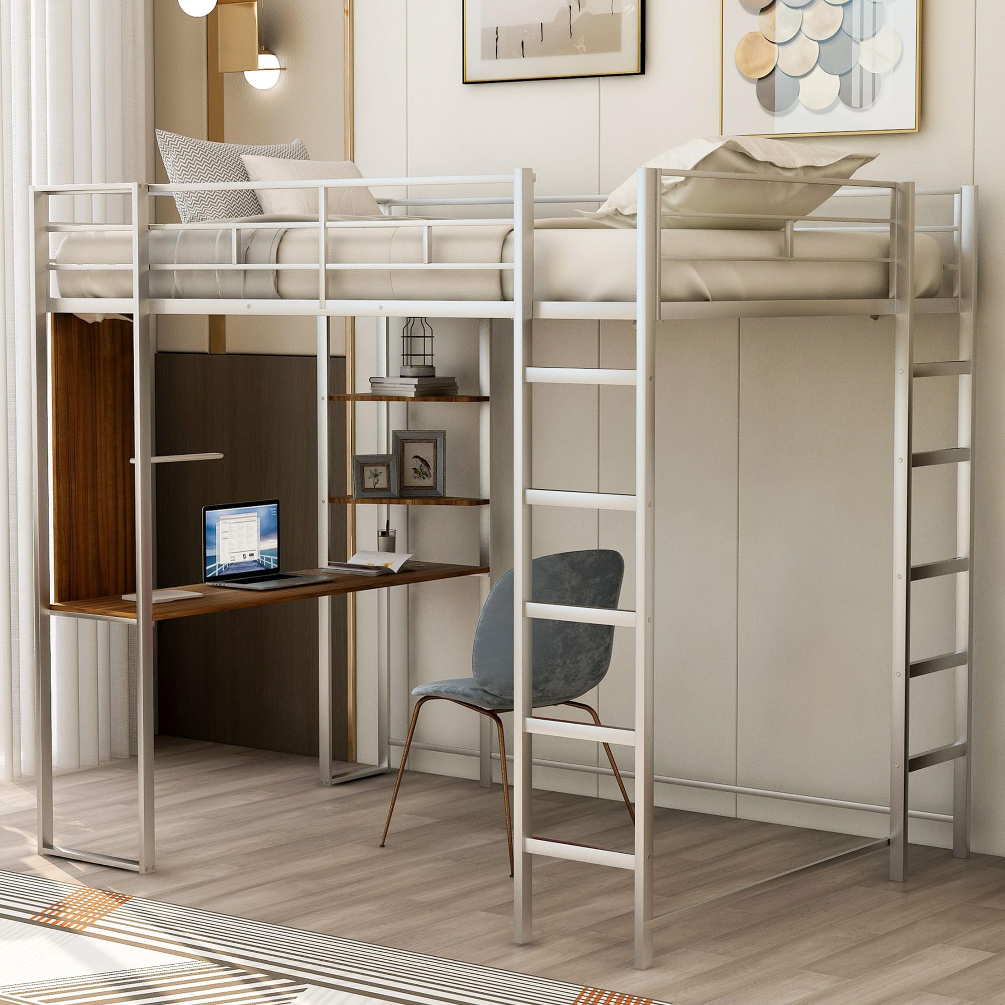 Full Size Metal Loft Bed with Desk and Storage Shelves,Heavy Duty Loft ...