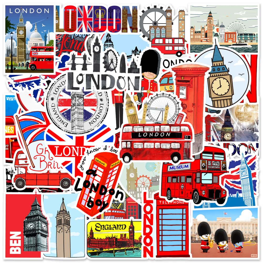 50PCS Stickers for Red London Bus,London Bus Stickers,Teens Boys and Girls Sticker Pack Vinyl Skateboard Guitar Door Laptop Luggage Car BikeWater Bottle Birthday Party Supplies Stickers