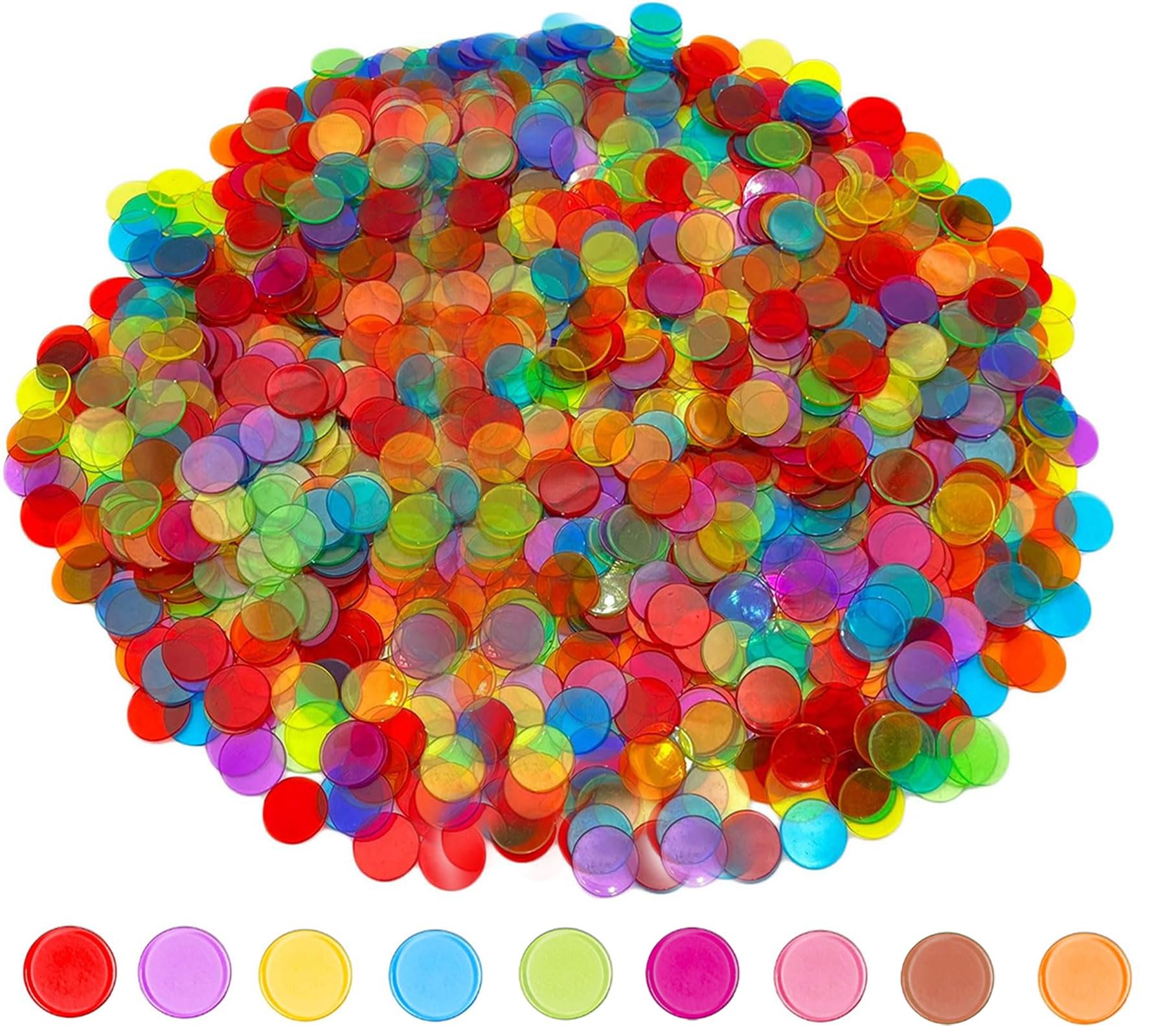 Houbobo 500 Pieces Counters, 3/4 inch Transparent 9 Color Bingo Counting Chips with Bag, Plastic Tokens for Kids Math Counting Education, Bingo Game, Party