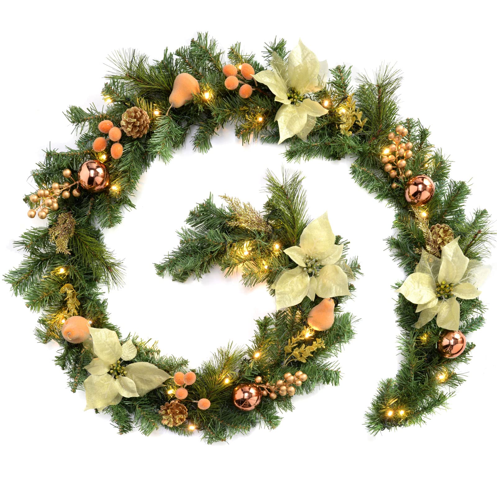 WeRChristmas Pre-Lit Decorated Garland Illuminated with 40 Warm White LED Lights, Copper/Gold, 9 feet