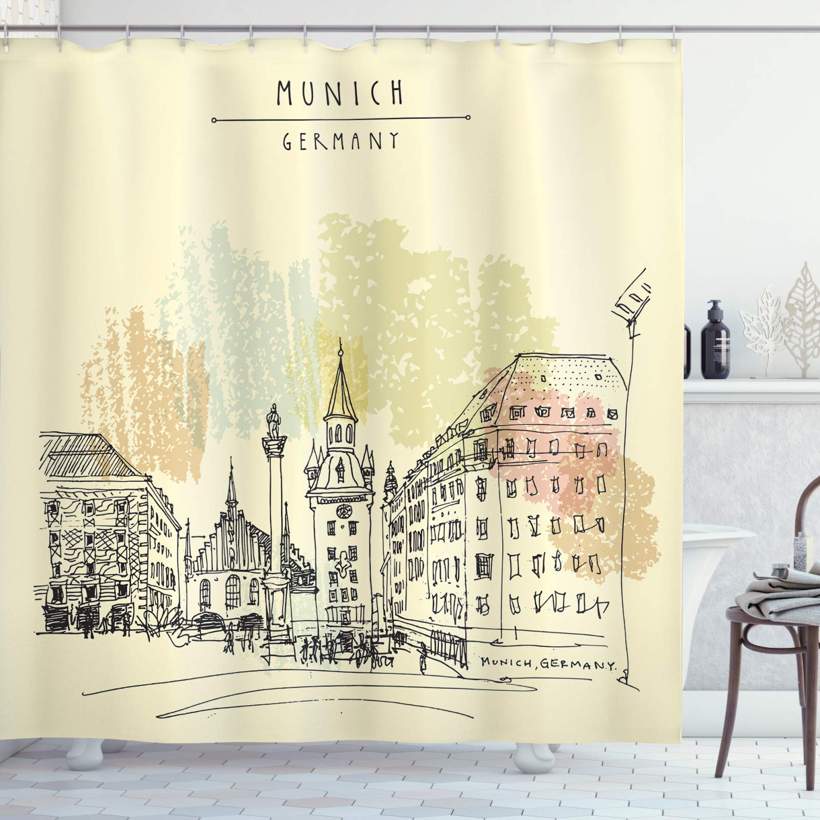 ABAKUHAUS Germany Shower Curtain, Munich Germany Architecture Historical Cityscape Sketch, 70 Inches, Pale Yellow Black