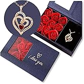 Valentine’s Day Heart Necklace for Women, Romantic Love Pendant with Roses Gift Box and Message Card, Meaningful Jewelry Gift for Girlfriend or Wife