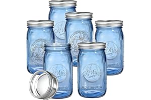 Tebery 6 Pack Vintage Blue Home Mason Jars with Airtight lids & Bands, 32Oz Wide Mouth Quart Glass Canning Jar for Fermenting