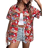 Christmas Hawaiian Shirts Women Funny Santa Claus Graphic Button Down Shirts Ugly Xmas Holiday Casual Button Up Tops