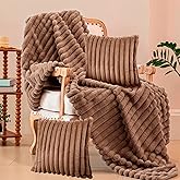 Blanket & Throw Pillow Covers Set - Dual-Sided Faux Fur Fluffy Blanket (50" x 60"), 2 Pcs Cozy Plush Throw Pillow Cover (18" x 18"), Soft Fuzzy Decorative Coach Decor for Bed Sofa Living Room, Brown