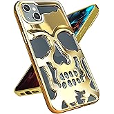 Lotadilo for iPhone 13 Phone Case for Men Women, Cool Skull Skeleton Funny Gothic Hollow Phone case for iPhone 13 Cute Hollowed Plated Shockproof Cover for Boys Girls, Golden
