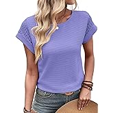 Dokotoo Womens Summer Tops 2026 Waffle Knit Lace Hollow Out Short Sleeve T-Shirts Crewneck Casual Loose Basic Tee Blouses