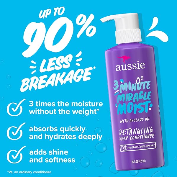 AUSSIE MIRACLE MOIST SHAMPOO AND CONDITIONER WITH 3 MINUTE MIRACLE DEEP CONDITIONER, AVOCADO & JOJOBA OIL, PARABEN-FREE, MOISTURIZES & DETANGLES, ALL HAIR TYPES, CITRUS FLORAL SCENT, 3 PACK 68.4 FL OZ