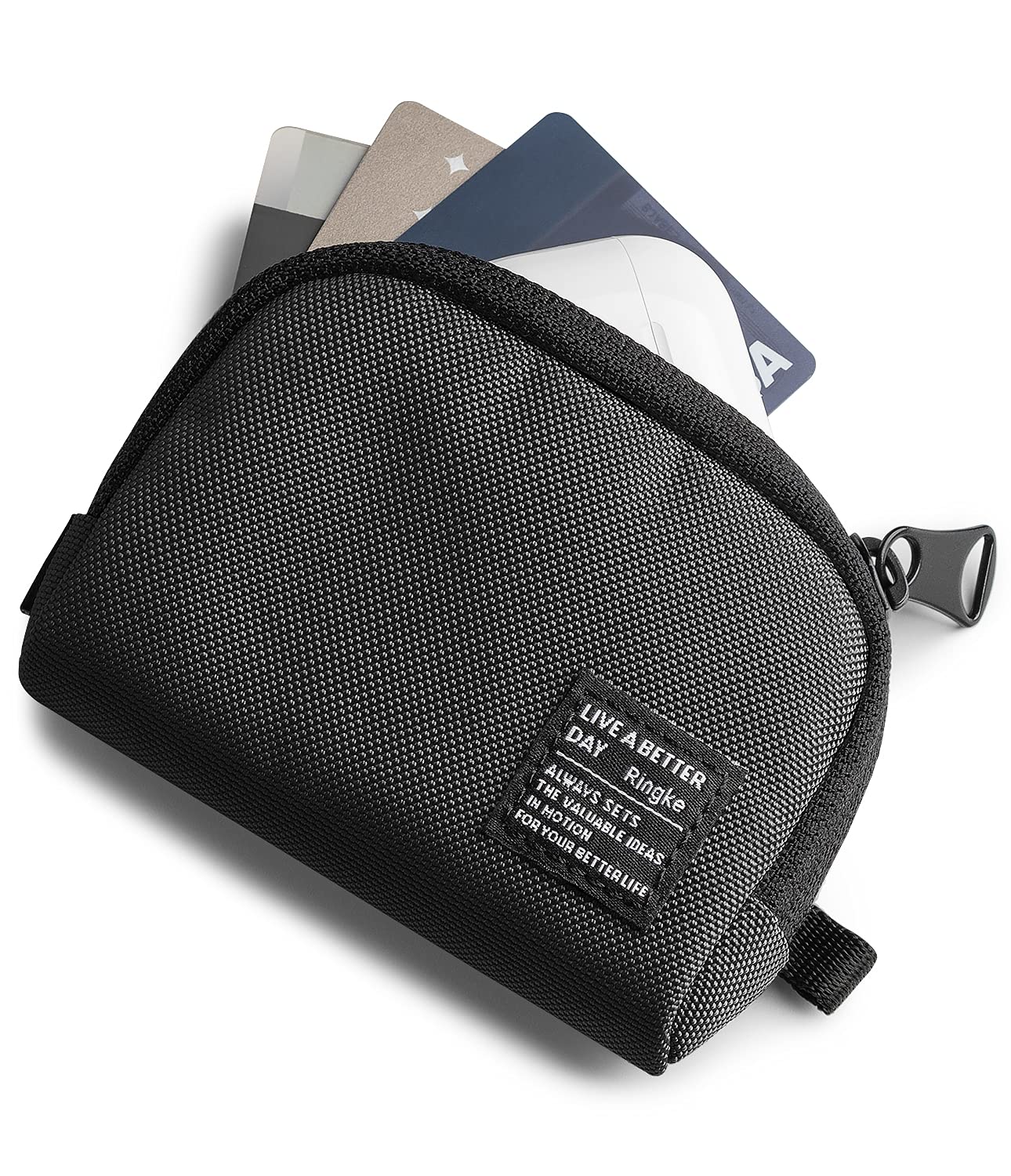 Ringke Mini Pouch [Half-Pocket] Nylon Carrying Pouch Small Bag for AirPods, Galaxy Buds, Earphones, Cards, ID - Black