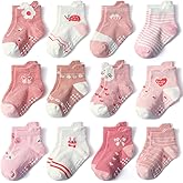 SkiBeaut Toddler Socks with Grips, 12 Pairs Kids Non-Slip Grippers Baby Boys Girls House Socks for Age 0-7