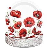 Greencian 50Pcs Poppy Floral Paper Plates 9 Inch Heavy Duty Spring Poppies Disposable Dessert Plates Watercolor Red Flowers Party Decorations for Seasonal Bridal Shower Tea Garden Party Supplies 
