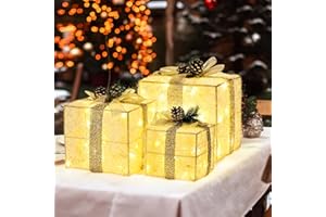 Large TISEJOY Christmas Lighted Gift Boxes 10"，Set of 3 Pre-lit 60 LED Warm White Tinsel Present Boxes for Christmas Decorations Indoor Outdoor Yard Tree Home Decor