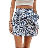 WDIRARA Women's Allover Print Knot Side High Waist Wrap Skirt Zipper Back Boho Mini Skirt