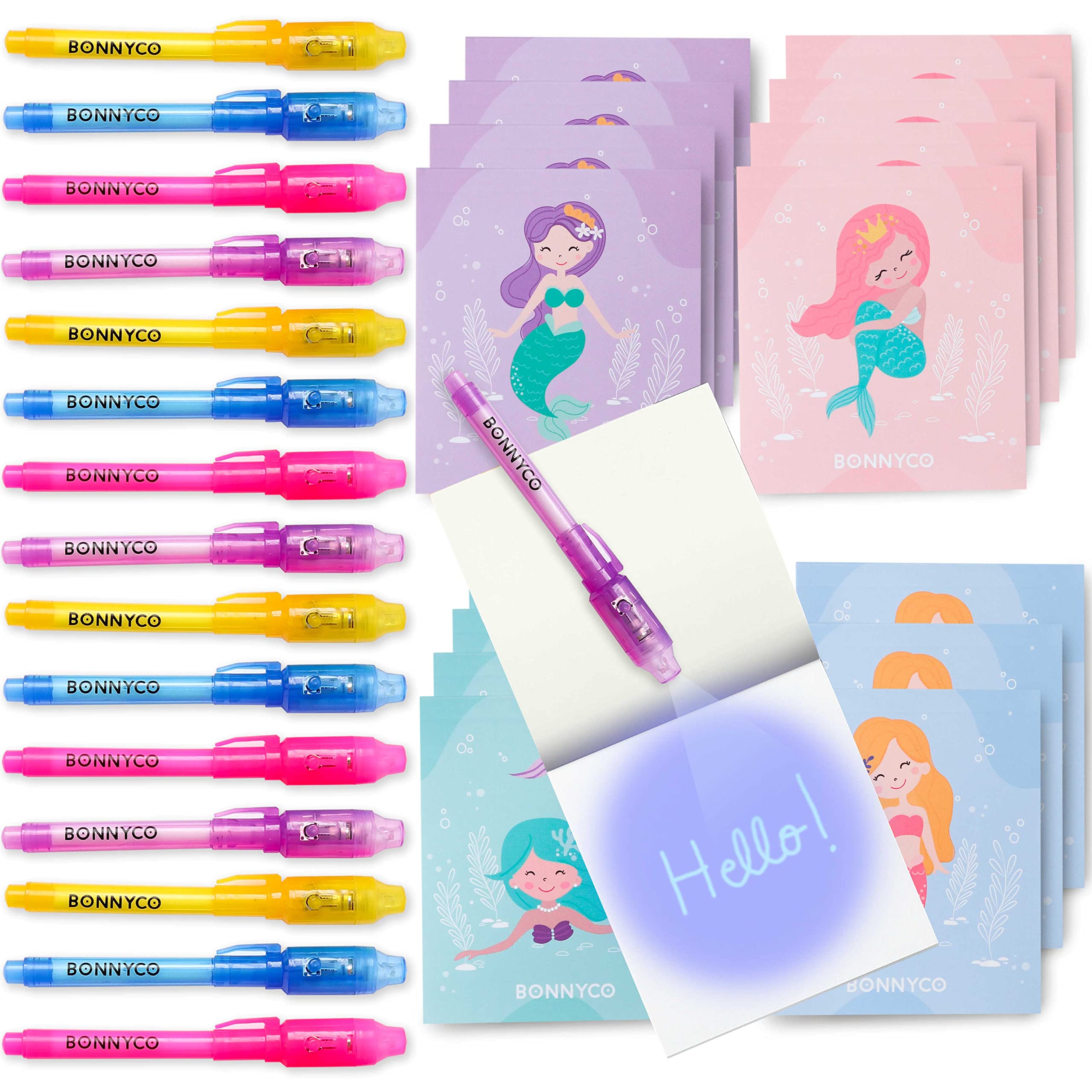 BONNYCO Invisible Ink Pen and Notebook, Pack 16 Mermaid Party Bags Filler and Pinata Toys. Mermaid Birthday Decorations, Stocking Fillers for Kids Birthday. School Prizes, Gifts for Children — image 1