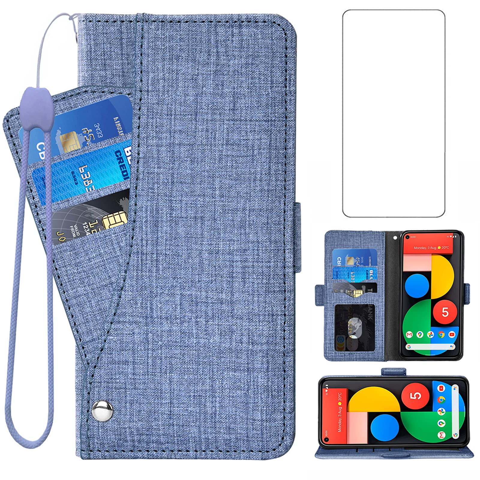 Asuwish Compatible with Google Pixel 5 Wallet Case Tempered Glass Screen Protector and Leather Magnetic Flip Cover Card Holder Stand Cell Accessories Phone Cases for Pixel5 Pixle Five Women Men Blue