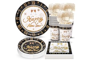Atonofun Happy New Year Party Supplies, New Year Party Plates, Cups, Napkins and Cutlery, New Year Party Decorations for New Years Eve Party Serves 24