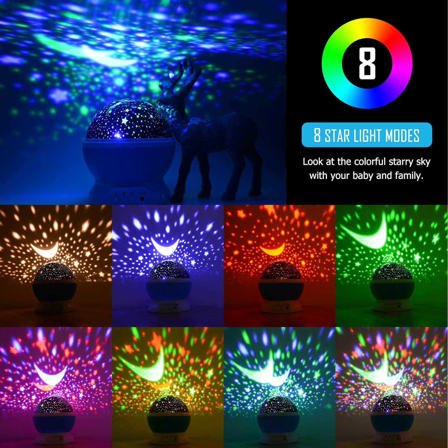 Kids Star Night Light, 360-Degree Rotating Star Projector, Desk Lamp 4 LEDs 8 Colors Changing with USB Cable, Best for Children Baby Bedroom and Party Decorations: Baby