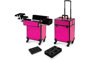 AROUS Rolling Makeup Train Case Cosmetic Travel Trolley 4 Tray with Sliding Rail Removable Middle Layer with Key Swivel Wheels Salon Barber Case Traveling Cart Trunk Rose, Red