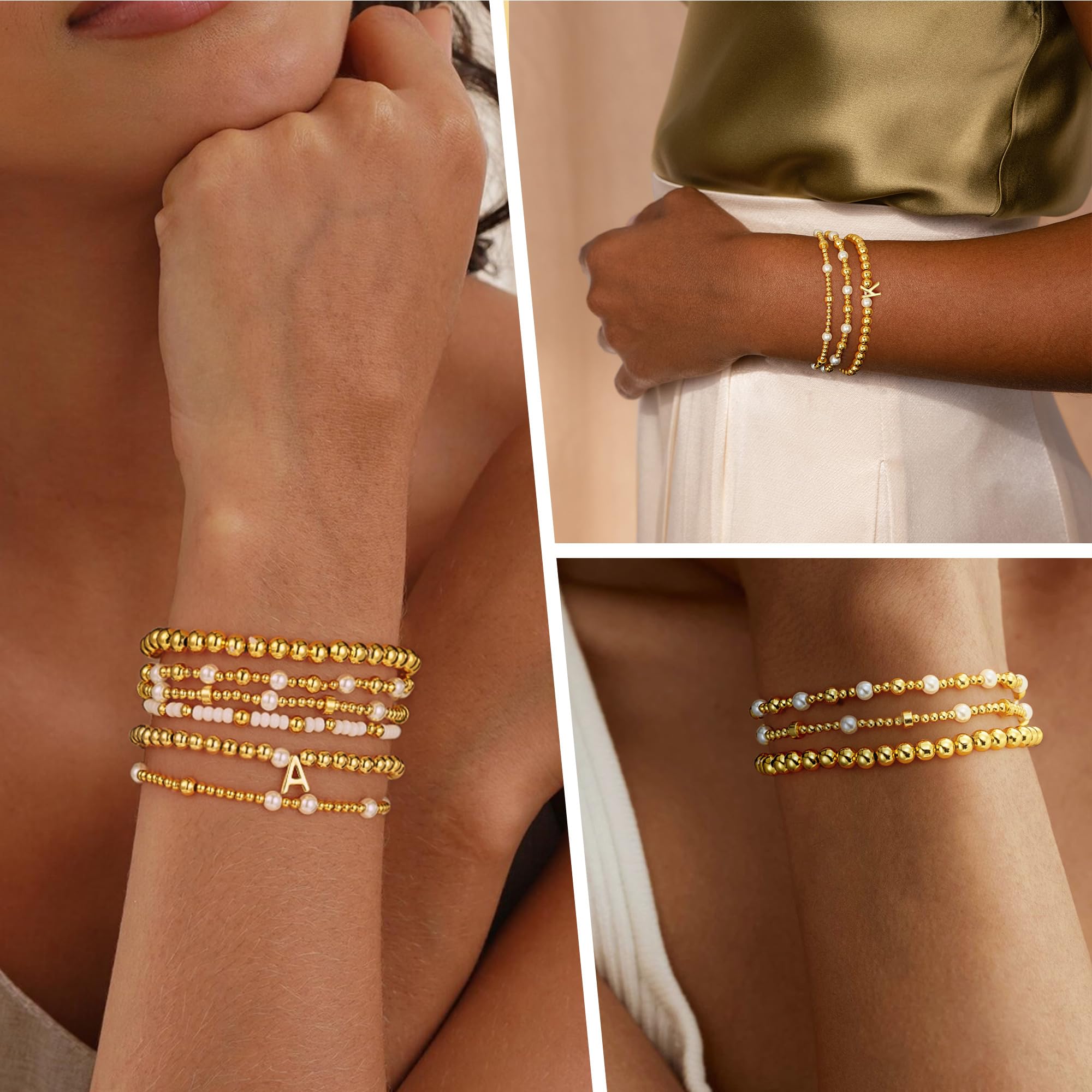 Turandoss 6PCS Beaded Initial Bracelets for Women, 18K Gold Plated Beaded Initial Letter Bracelet for Girls Women, Initial A-Z Stretch Bead Stackable Bracelet Jewelry Set Gifts