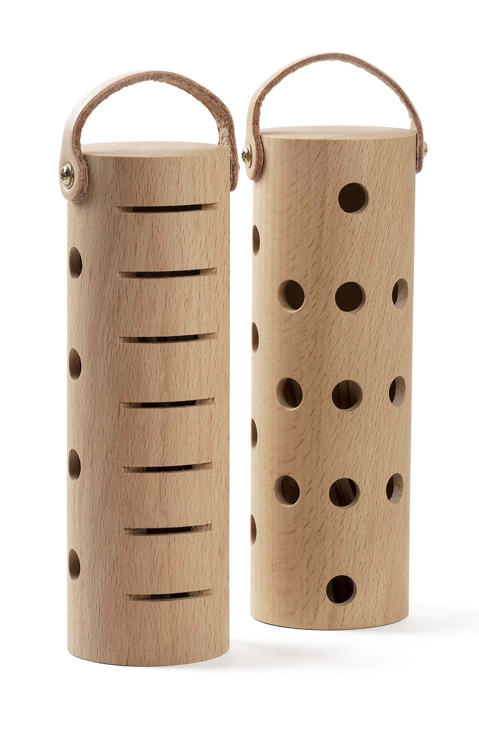 VOLT Tube Shaker Set Percussion Wood-Shaker Caxixi Hybrid Instrument for innovative sounds (15 x 5 cm, beech wood, leather holding strap, bag included), brown