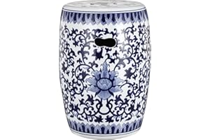 Knocbel Decorative Ceramic Garden Stool, Dazzling Pattern Design Side Table, Accent Indoor Outdoor Plant Stand, 11" Dia x 16" H, Blue with White
