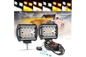 Auxbeam 4 Inch LED Pods Strobe Pod Light Bar, 120W Amber White 6 Modes Fog Light Spot Offroad Driving Lights, 12000LM Triple Row Memory Function with Wiring Harness Kit - 2 Pack