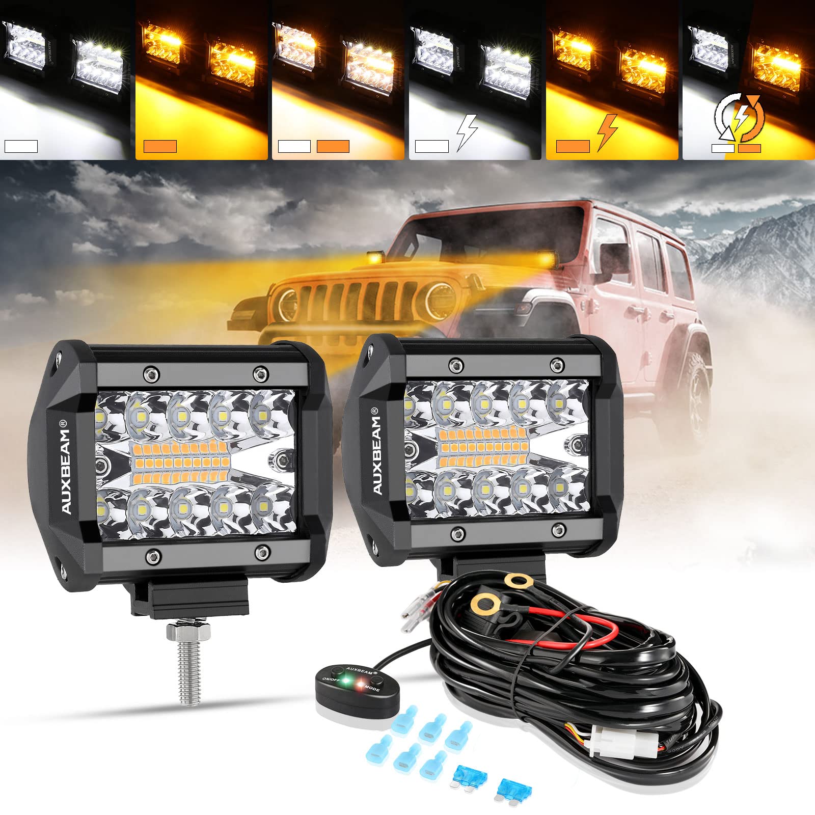 Photo 1 of Auxbeam 4 Inch LED Pods Strobe Pod Light Bar, 120W Amber White 6 Modes Fog Light Spot Offroad Driving Lights, 12000LM Triple Row Memory Function with Wiring Harness Kit - 2 Pack
