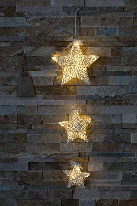 Set Of 3 Lumineo Indoor Led Light Up Christmas White Wicker Stars
