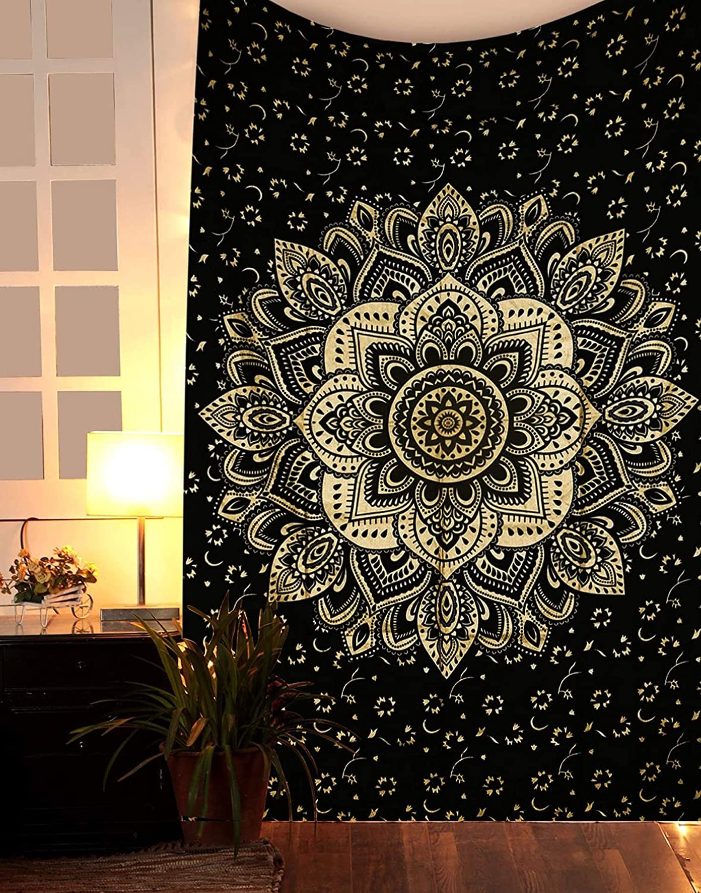 Photo 1 of Rajsee Gold Mandala Tapestry - Boho Bedroom Aesthetic - Trippy Wall Art 30x40 Inches