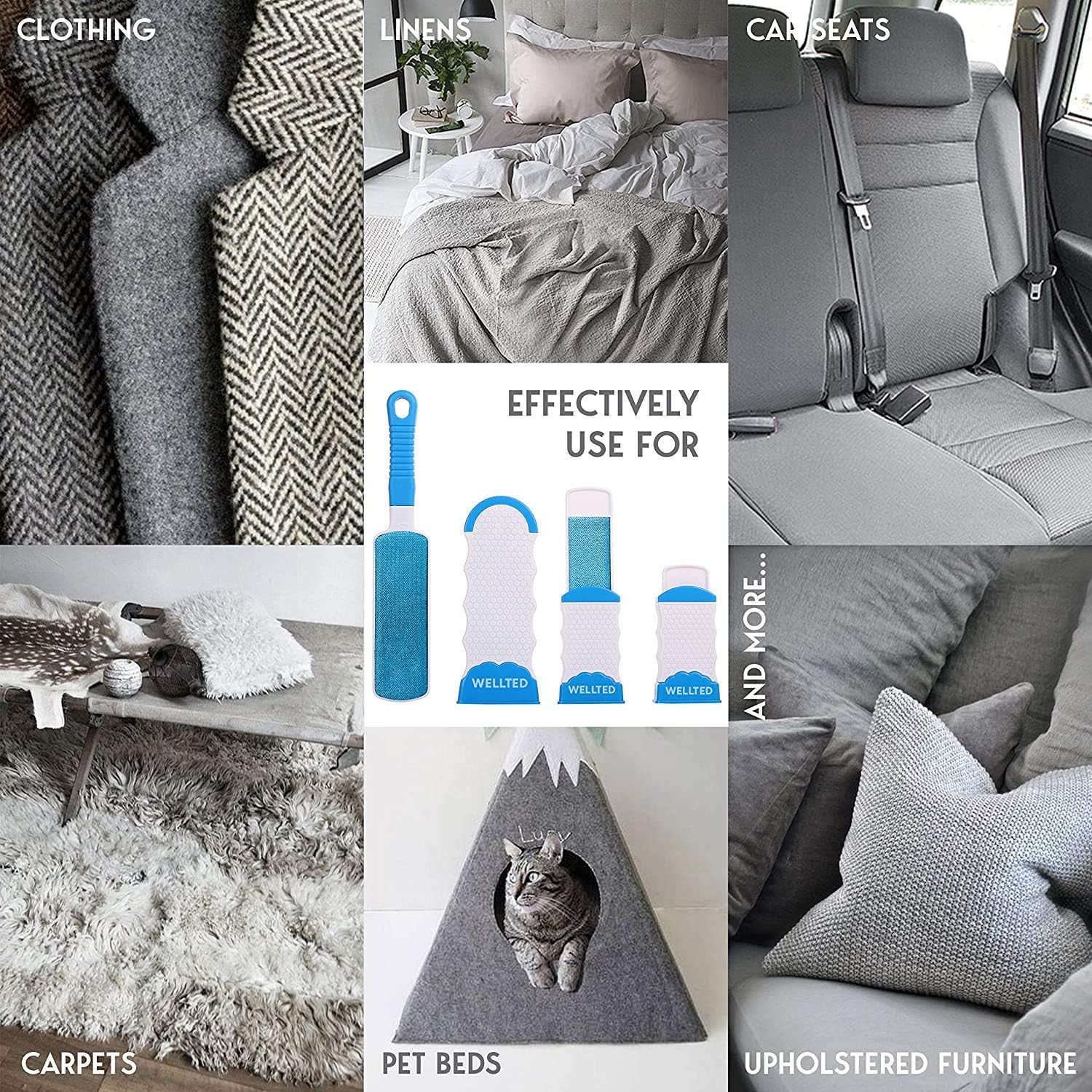 WELLTED 2020 Updated Pet Hair Remover Brush - Lint Brush - Fur Remover - Fur & Lint Removal - Dog & Cat Hair Remover - Double-Sided Brush with Self-Cleaning Base - for Furniture Clothing Car Seat: Pet Supplies