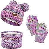 Kids Winter Hat Gloves Scarf Set,Toddler Girls Winter Hat Kids Beanie with Pom Neck Warmer Gaiter Mittens Fleece Lined Set