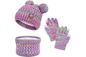 ROSOZ Kids Winter Hat Gloves Scarf Set,Toddler Girls Winter Hat Kids Beanie with Pom Neck Warmer Gaiter Mittens Fleece Lined Set