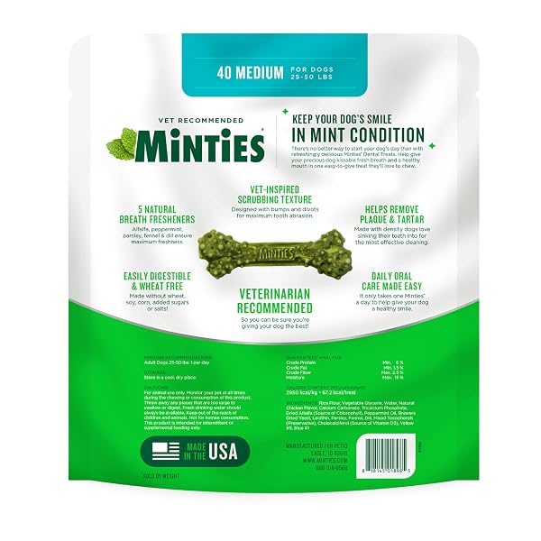 MINTIES DENTAL CHEWS FOR DOGS, 40 COUNT, VET-RECOMMENDED MINT-FLAVORED DENTAL DOG TREATS FOR MEDIUM DOGS, BONES CLEAN TEETH, FIGHT BAD BREATH, AND REMOVES PLAQUE AND TARTAR