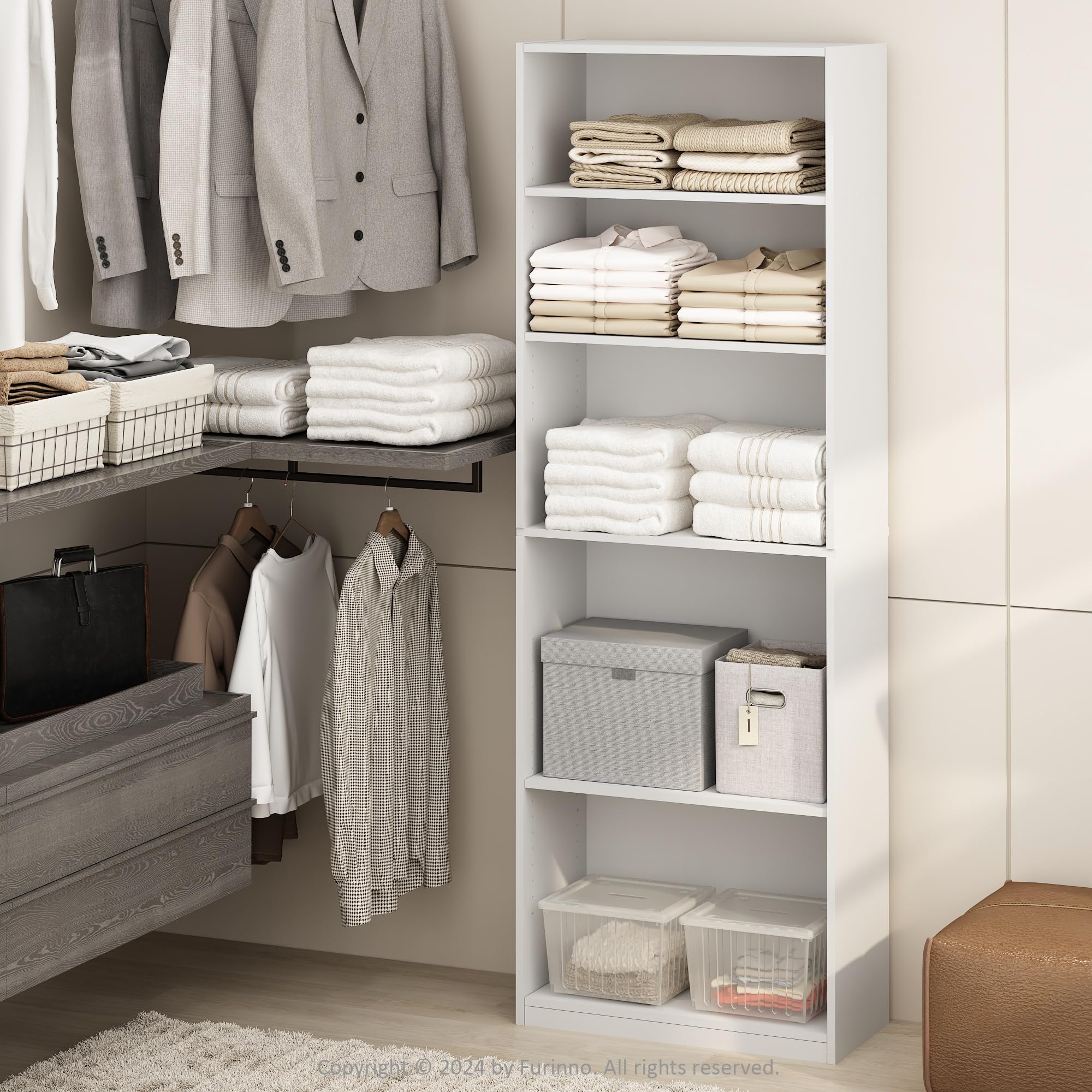 Photo 1 of Furinno Reed 5-Tier Multipurpose Adjustable Shelf Clothing & Closet Storage Organization, White
