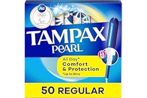 Tampax Pearl Tampons for Women, with LeakGuard Braid, Regular Absorbency, Unscented, 50 Count