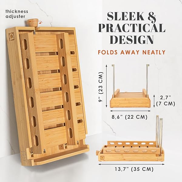 DITTO 2.0 BAMBOO BREAD SLICER FOR HOMEMADE BREAD – 6.5″ WIDE ADJUSTABLE BREAD SLICER GUIDE CUTS EVEN SLICES, 4 THICKNESS OPTIONS – WORKS WITH BUNS, BAGELS – INCL CRUMB TRAY