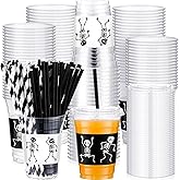 Suttmin 100 Set Skeleton Halloween Plastic Cups with Lids and Straws Reusable Halloween Party Cups 12 oz Disposable Clear Party Supplies for Decorations