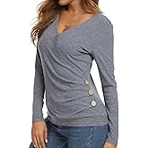 WEIYAN Women's V Neck Buttons Tunic Wrap Tops Long Sleeve Casual Vocation T-Shirts Work Blouse