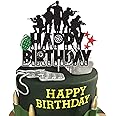 Military Happy Birthday Cake Topper Black Glitter Gun Army Soldier Fighter Veteran's Day Cake Decorations Airman Retirement Military Themed for Kids Boys Men Birthday Party Supplies