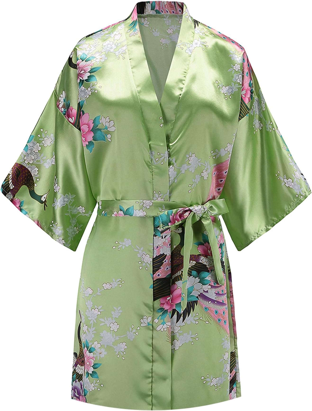 EPLAZA Women Peacock Satin Short Bridal Kimono Robe Bridesmaid Sleepwear Wedding Dressing Gown