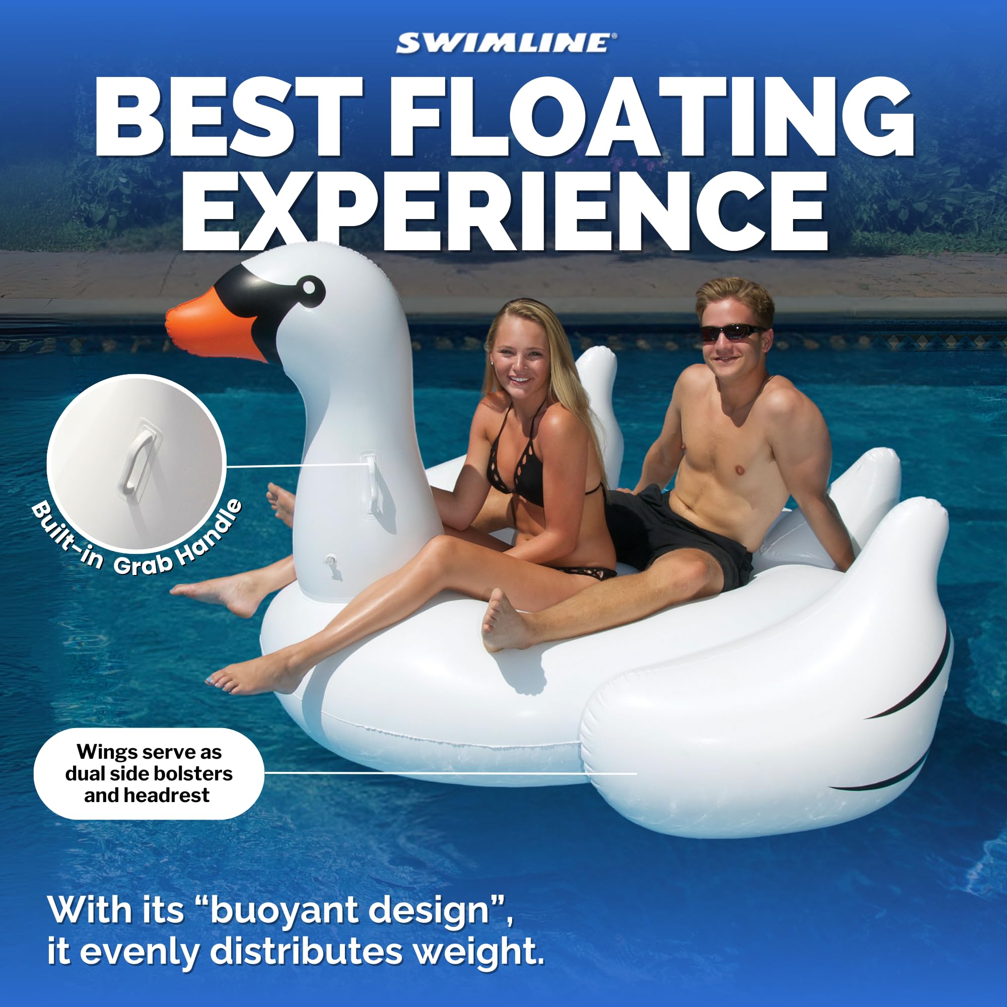 SWIMLINE ORIGINAL 90621 Giant Inflatable Swan Pool Float Floatie Ride-On Lounge W/ Stable Legs Wings Large Rideable Blow Up Summer Beach Swimming Party Lounge Big Raft Tube Decoration Toys Kids Adults