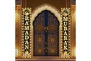GERMISHUYS Ramadan Mubarak Banner with Light, Ramadan Mubarak Decorations Lighted Front Door Banner Eid Moon Decoration, Ramadan Eid Mubarak Party Supplies, Black