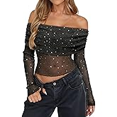 Womens Mesh Sheer Tops Sexy Off Shoulder Going Out Tops Sparkly Sequin Summer Party Clubwear Shirts Blouses