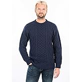 SAOL 100% Merino Wool Men's Irish Traditional Aran Crew Neck Cable Knit Sweater Pullover