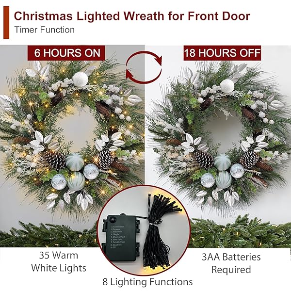 CHRISTMAS LIGHTED WREATH FOR FRONT DOOR, 28 INCHES PRE-LIT 35 LED LIGHTS SILVERY ARTIFICIAL HOLIDAY WREATH WITH SILVER ORNAMENTS FOR INDOOR OUTDOOR HOME DECORATIONS