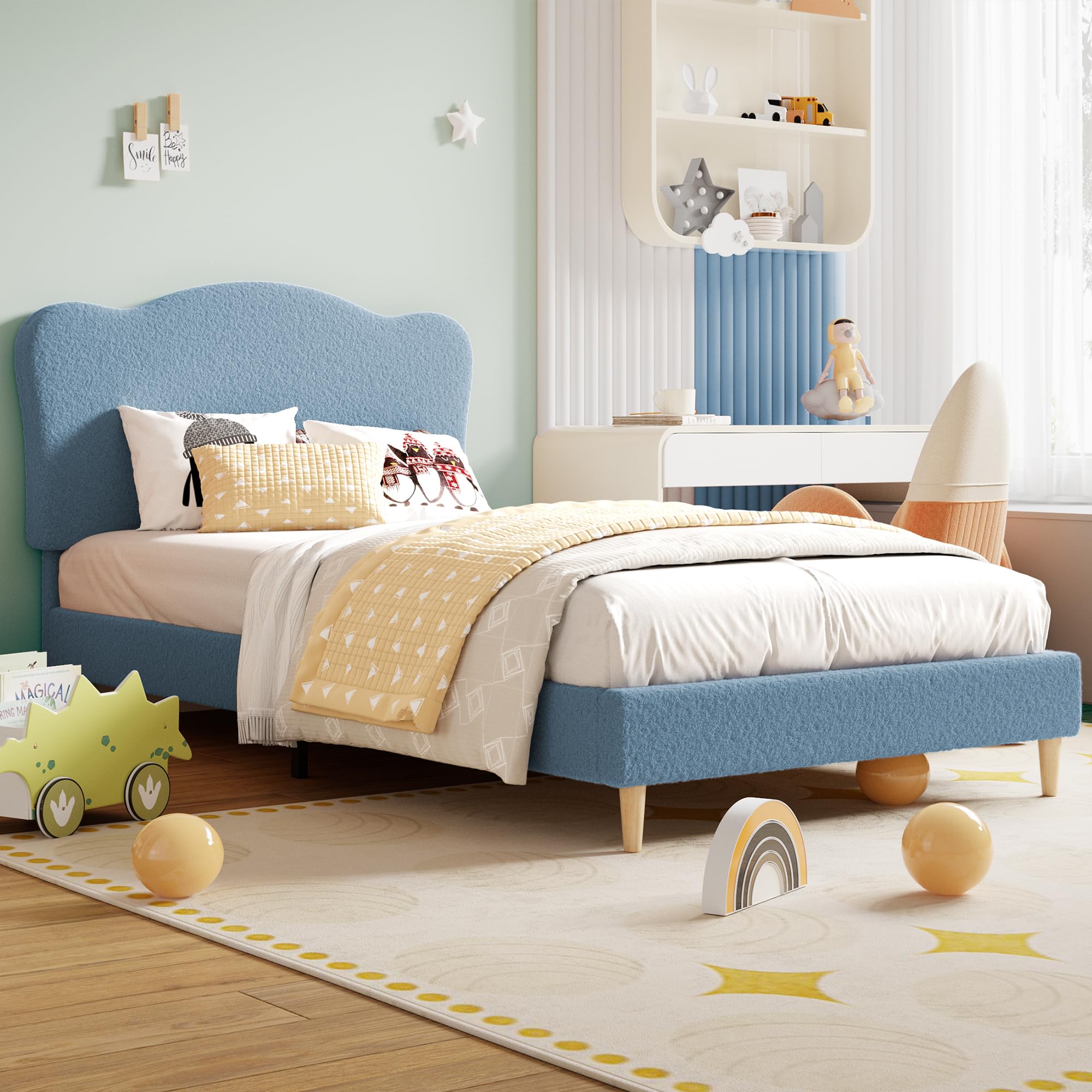 Photo 1 of GarveeHome Upholstered Twin Size Bed Frame for Kids with Scallop Headboard, Cute Velvet Twin Bed for Girls, Boys, Sturdy Platform Bed, No Box Spring Needed, Wooden Slats, Noise Free, Blue