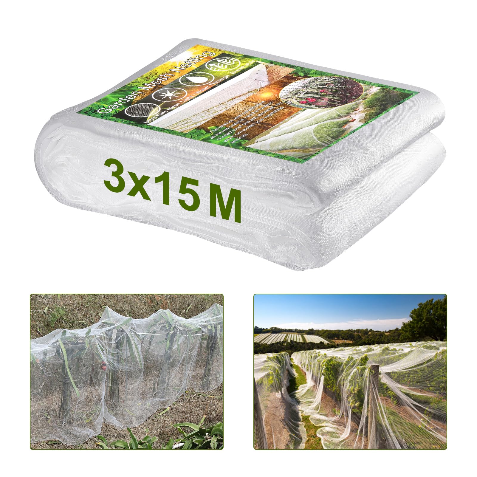 Gueenky Garden Netting Insect Netting, 3x15m Garden Insect Netting Fine Mesh Pest Protection for Vegetables Plants Fruits Flowers Crops Greenhouse