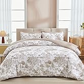 DJY Khaki Comforter Set Queen, 7 Pieces Bed in a Bag Queen Size Botanical Comforters with Sheets Elegant Plants Print Soft Microfiber Reversible Complete Bedding Sets for All Season
